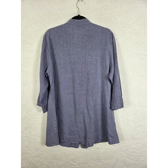 Flax Linen Tunic Shirt M Blue Button Front 3/4 Sleeve Minimalist Lagenlook - Picture 4 of 7